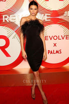 Kendall Jenner black feathered neckline prom dress revolve awards 2018