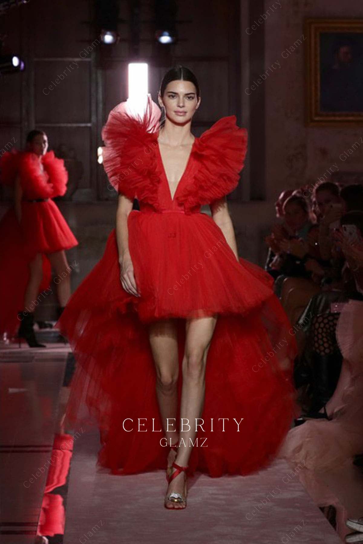 Kendall Jenner red high to low dress H&M show 2019
