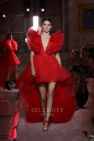 Kendall Jenner red high to low dress H&M show 2019