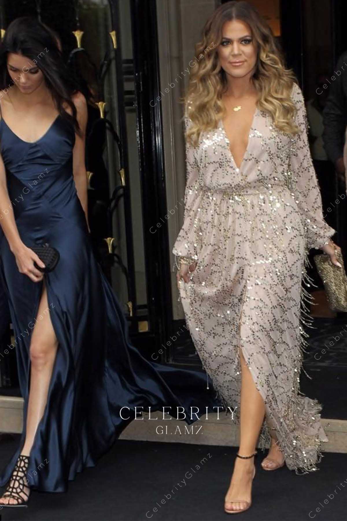Khloe Kardashian sequins plunging neck tassels dress