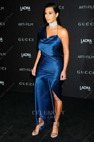 Kim Kardashian ink blue satin dress 2014 Lacma art film gala