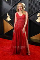 Kylie Minogue red a line prom dress Grammys red carpet 2024