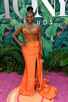 La Chanze orange beaded straps evening dress
