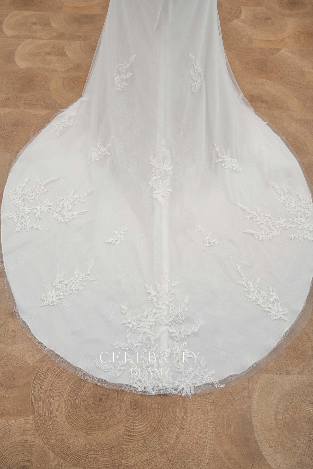 lace appliques chapel length wedding dress