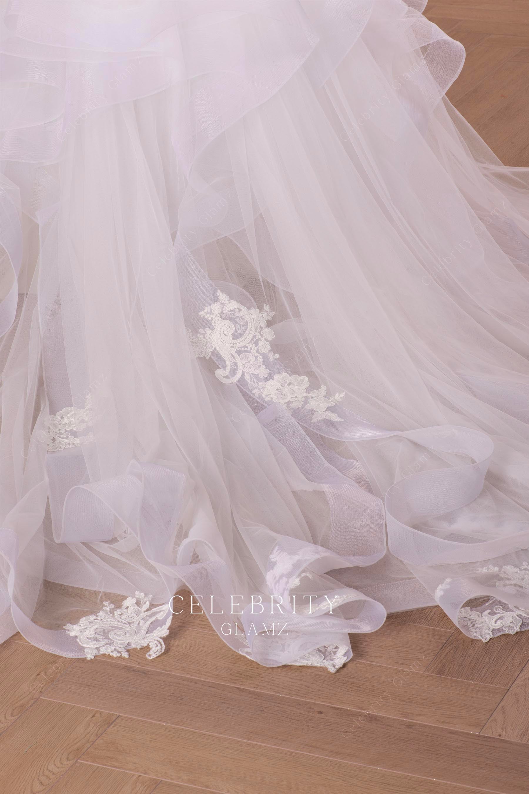 lace applique layered tulle wedding dress