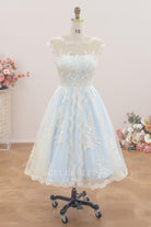 lace blue a line short wedding dress