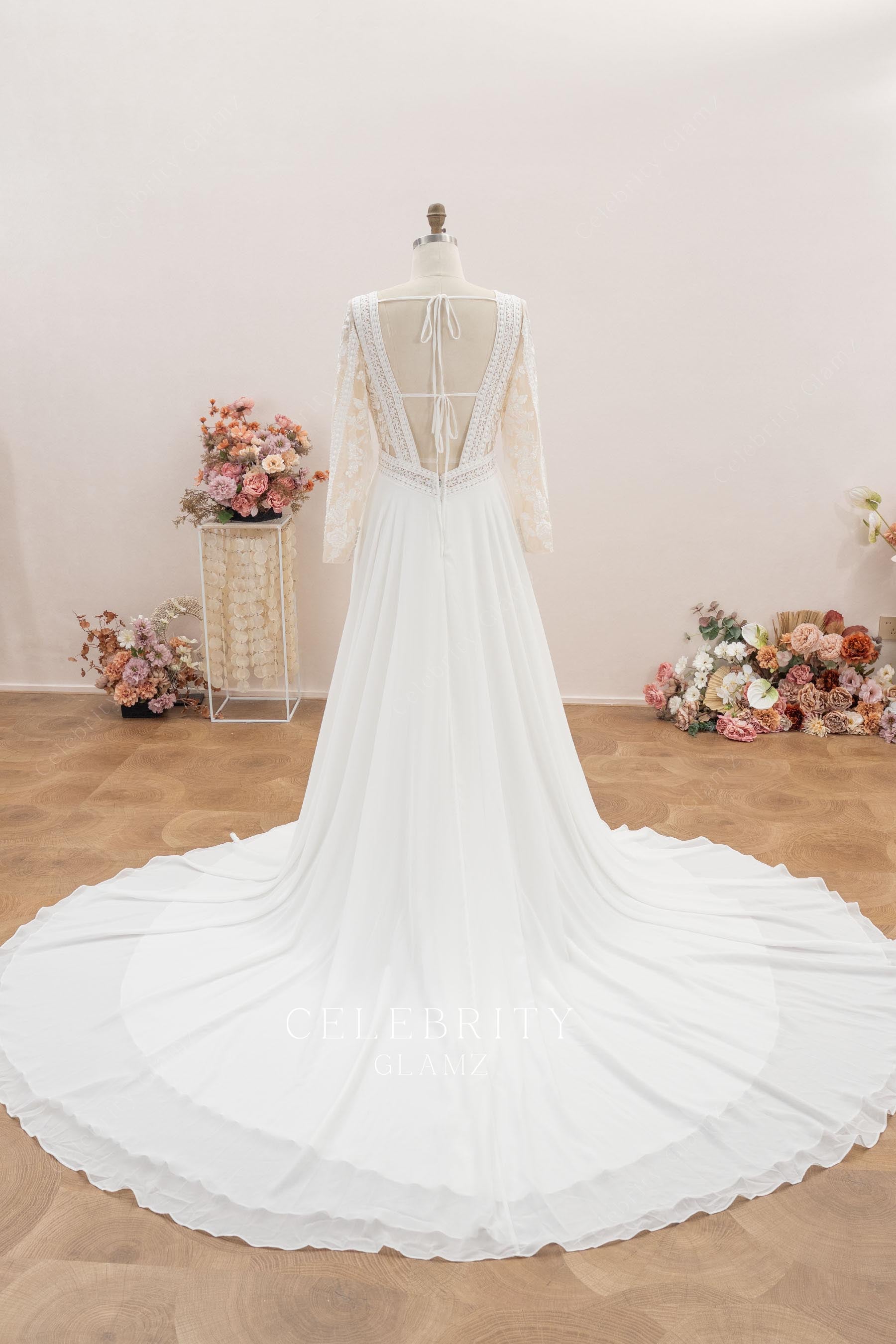 lace chiffon boho long train wedding dress