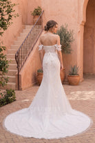 lace fit flare long bridal dress