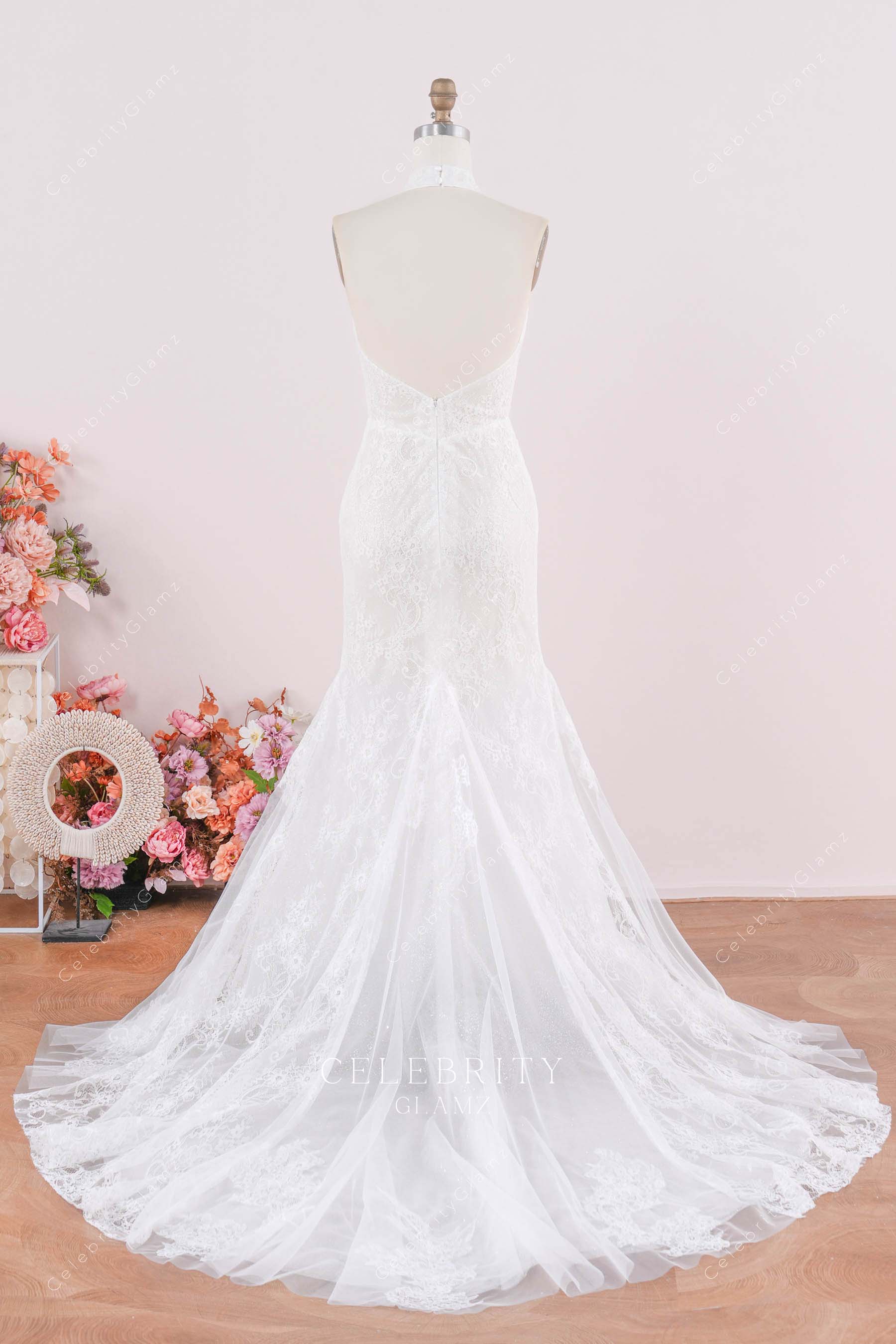lace halter backless wedding dress