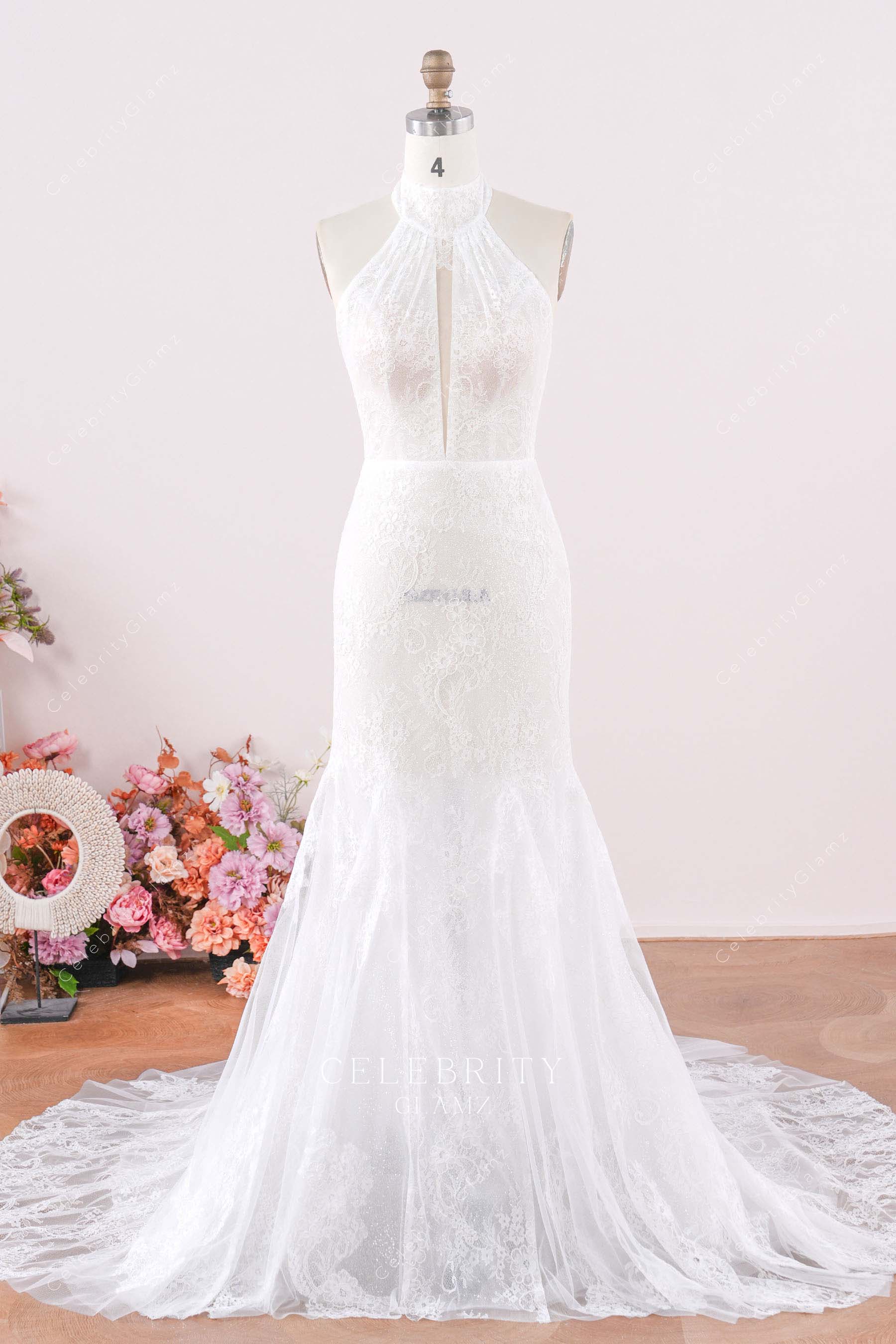 lace halter keyhole trumpet wedding dress