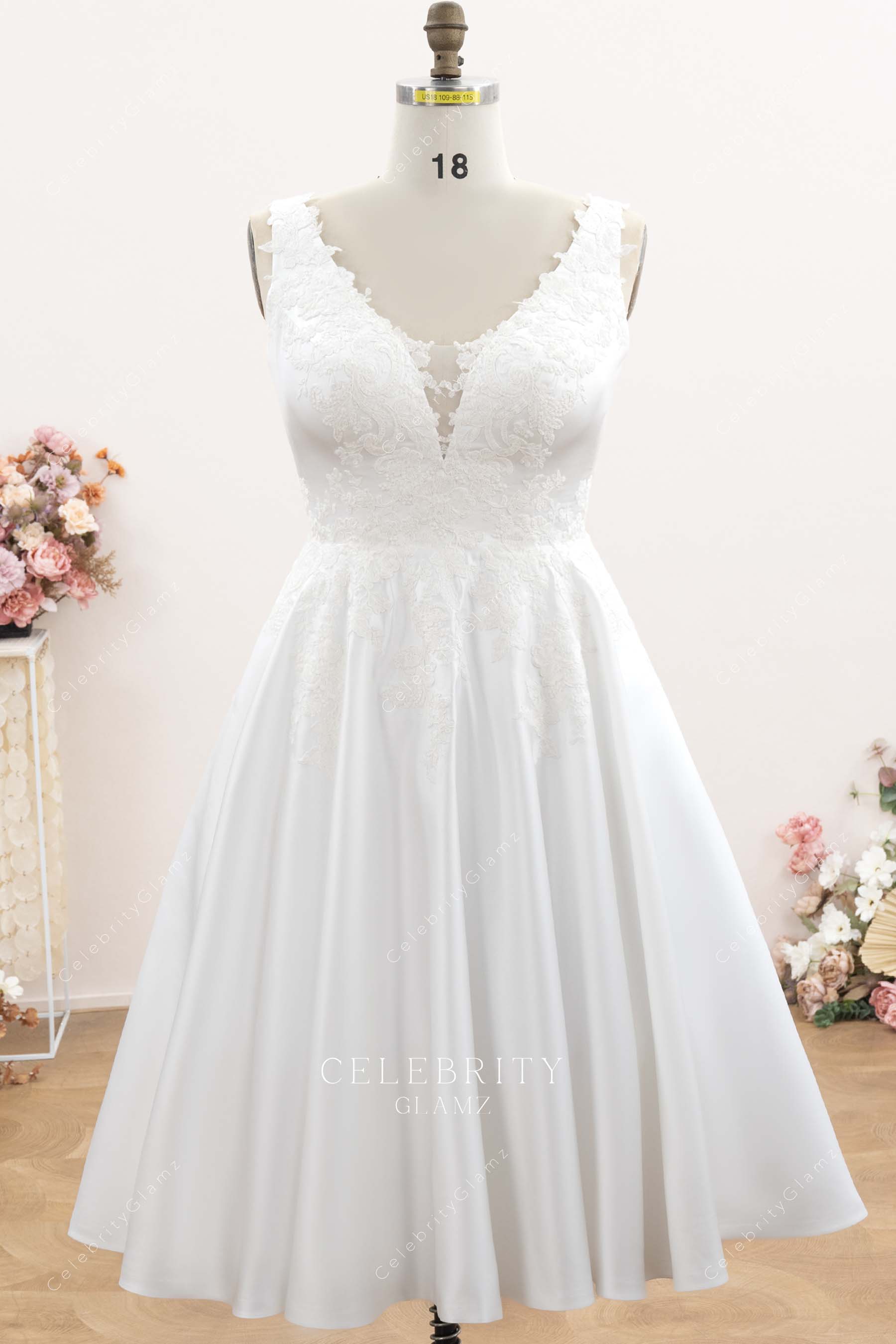 lace satin tea length wedding dress