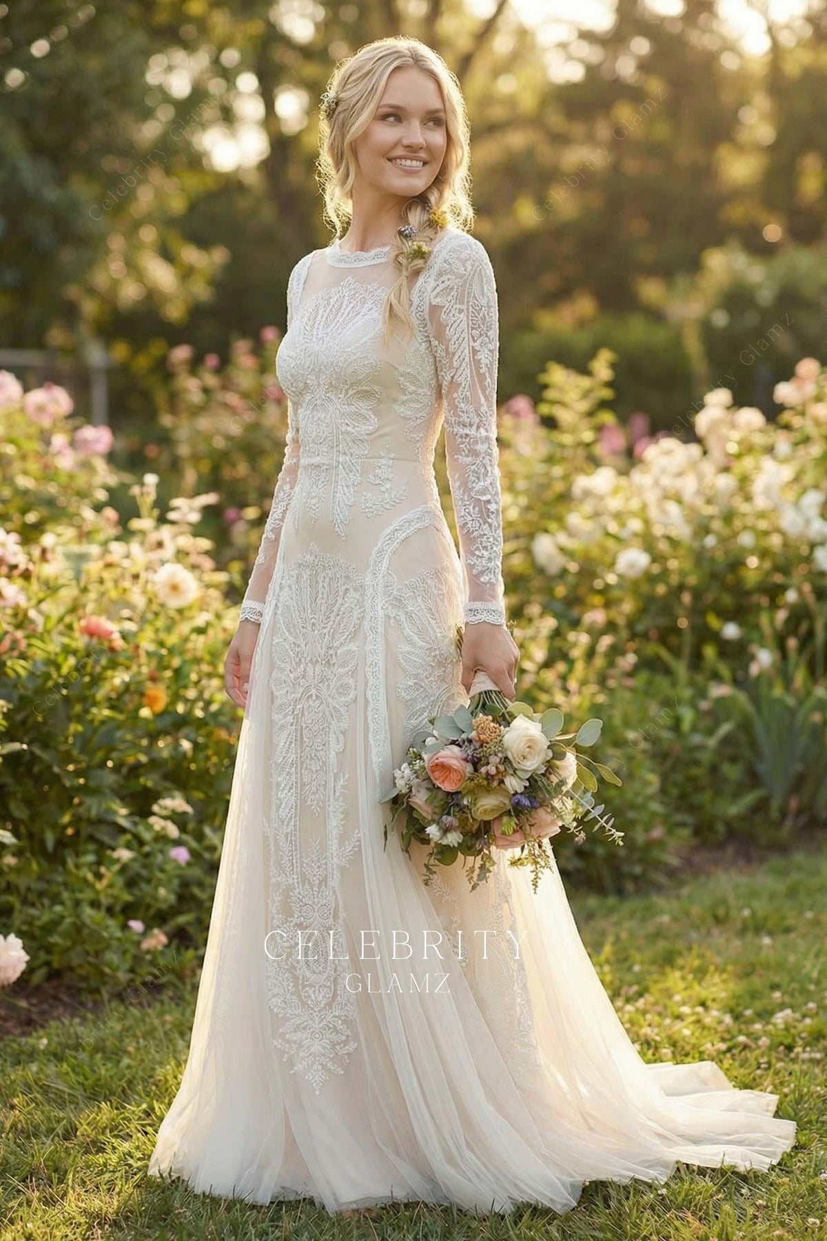 lace see through sleeved wedding dress