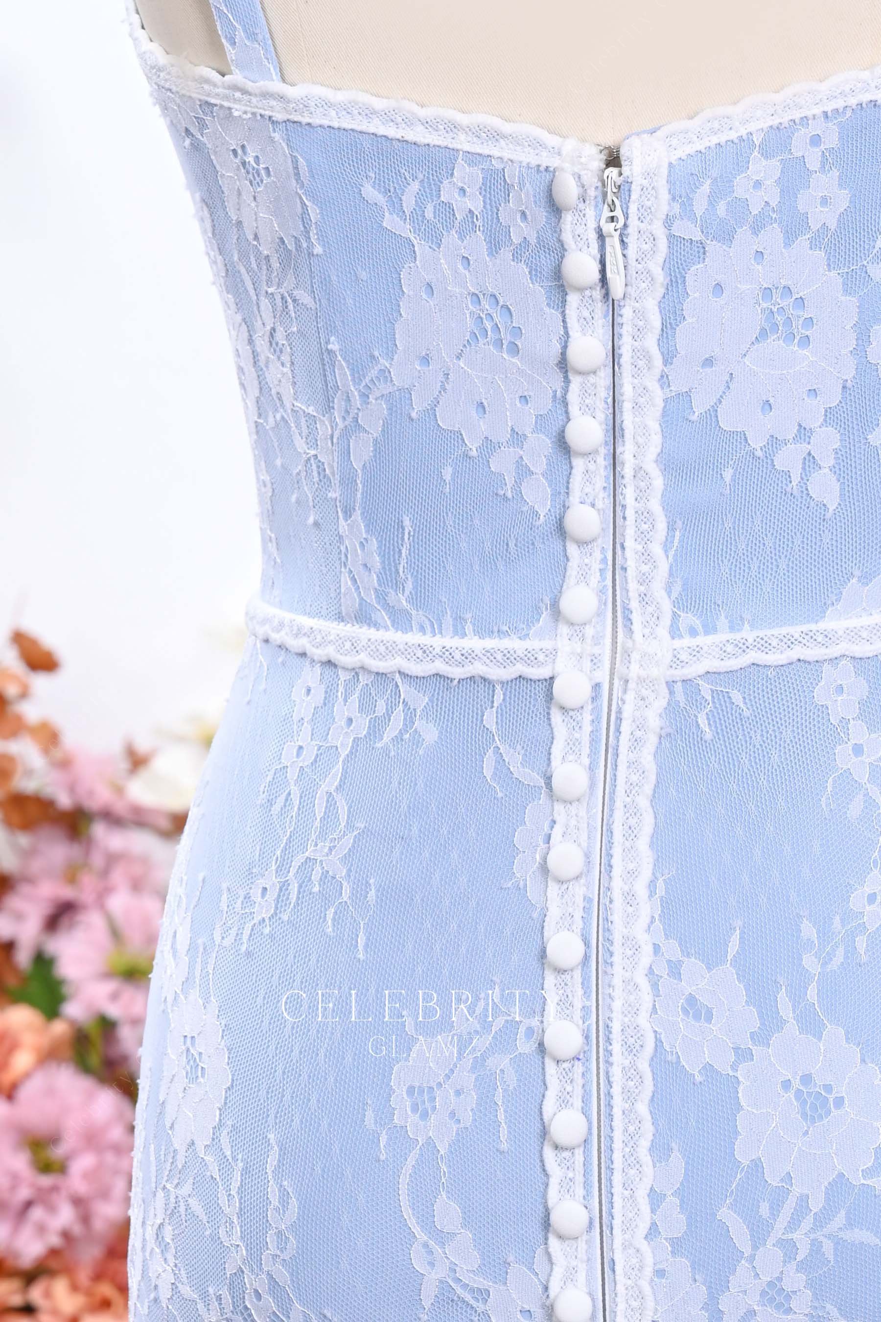 lace sky blue buttoned back prom dress