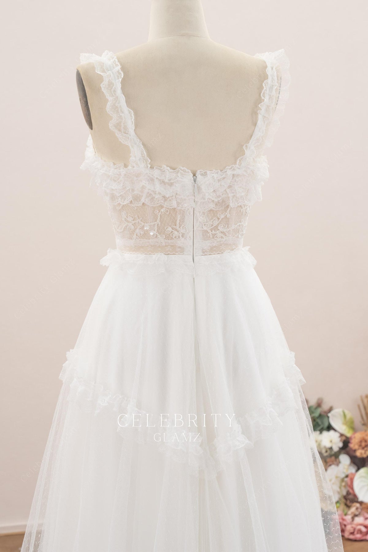 lace straps open back wedding dress