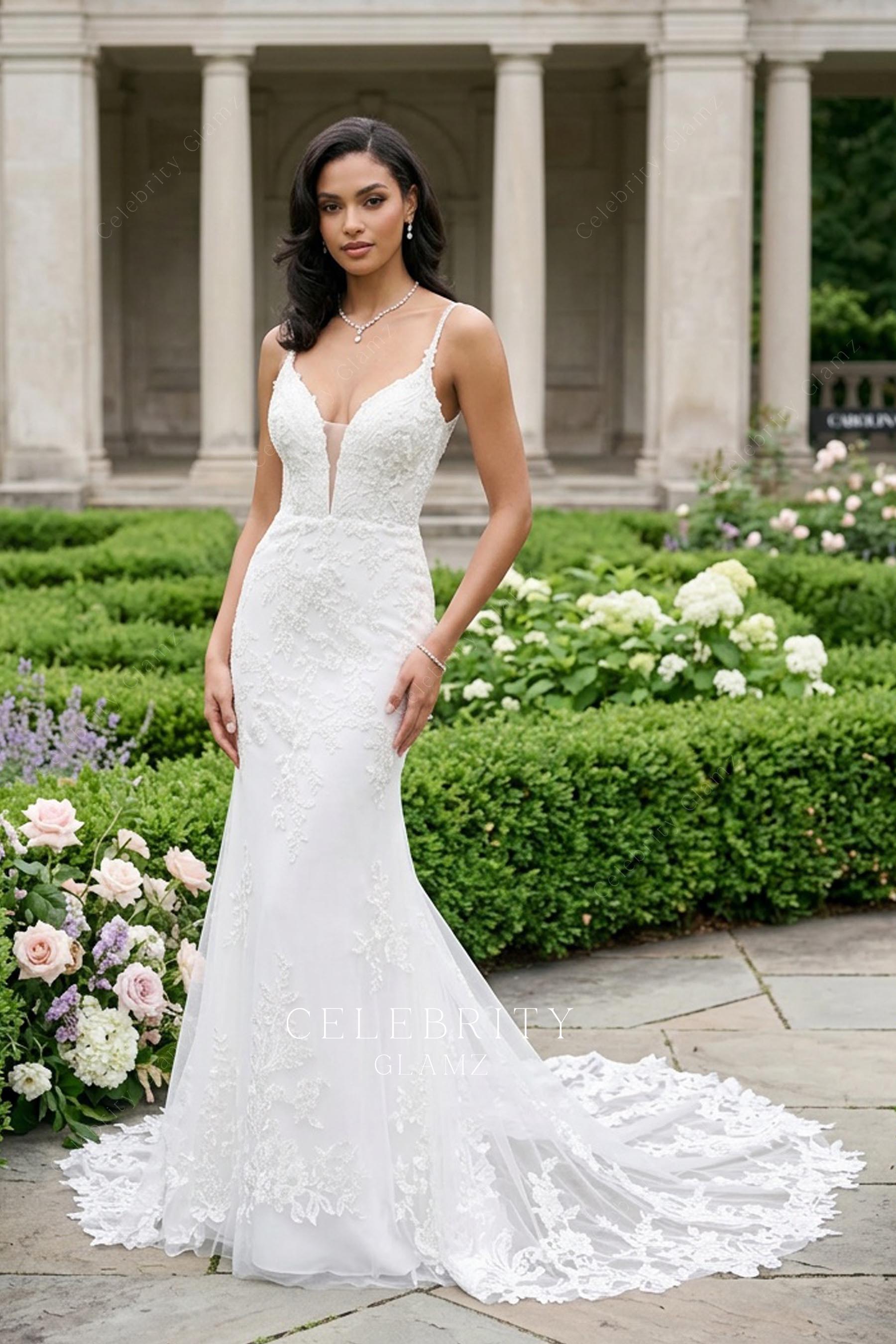 lace thin straps mermaid bridal dress