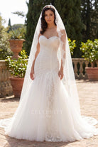 lace trim high slit wedding dress