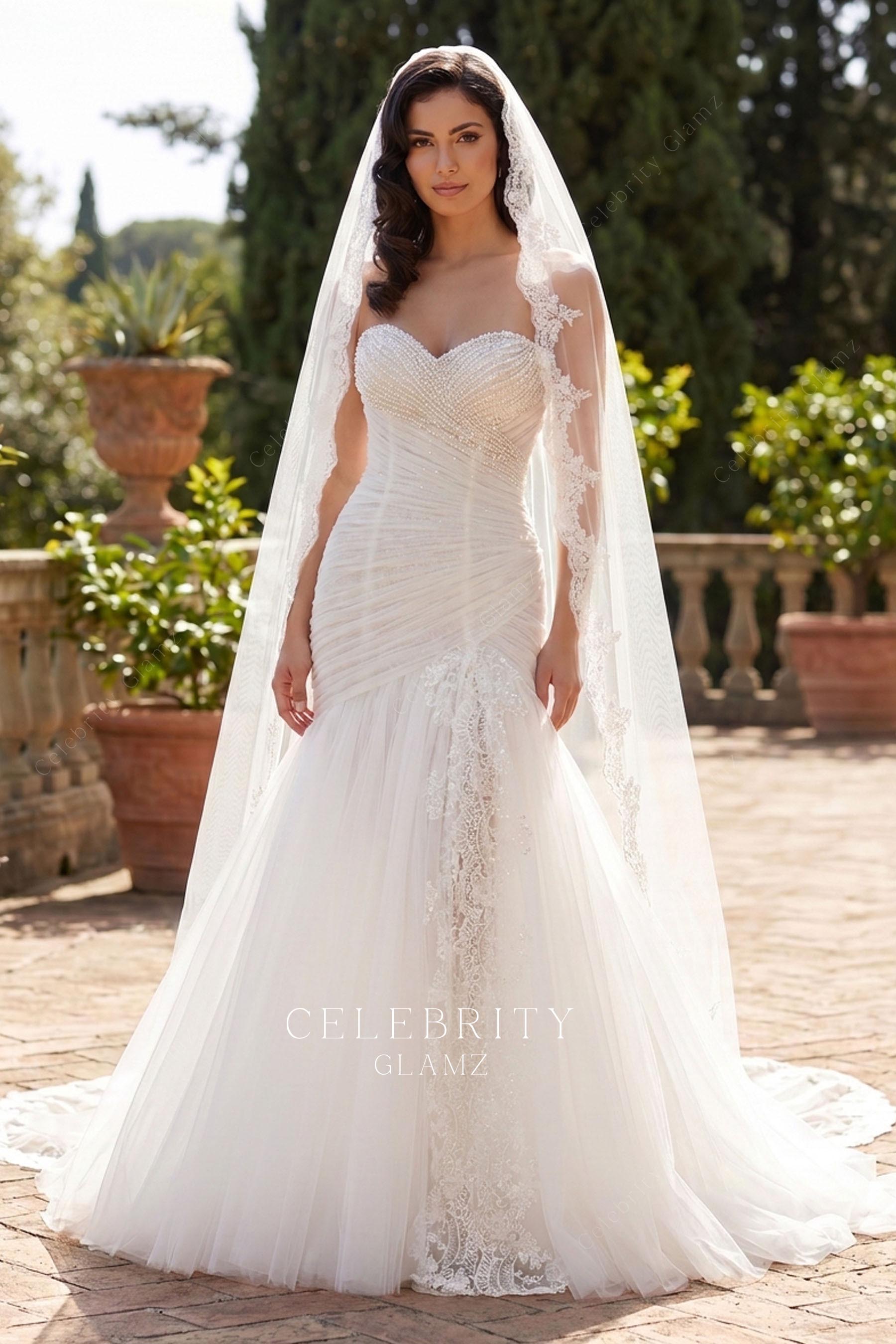 lace trim high slit wedding dress