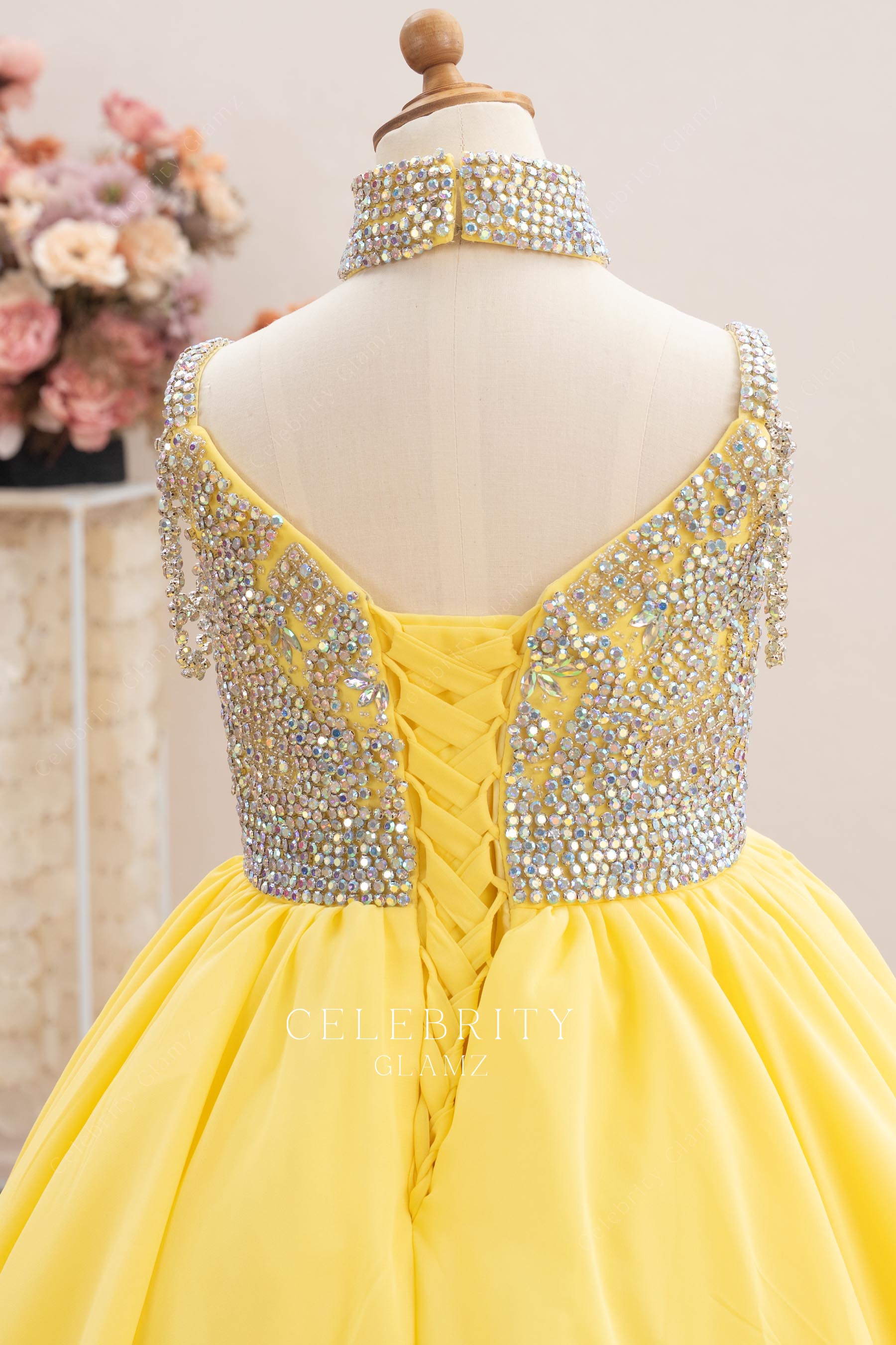 lace up back yellow pageant dress