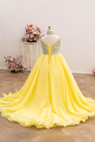 lace up v back yellow pageant dress