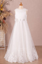 lace white tulle crew neck flower girl dress