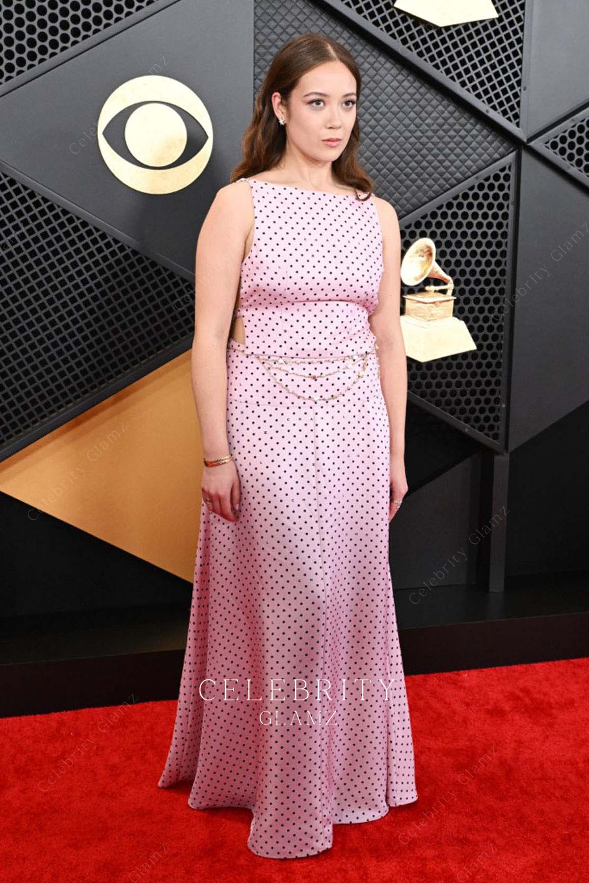 Laufey polka dot a line prom dress Grammys red carpet 2024