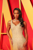 Laura Harrier wide straps prom dress 2024 Oscars after Party