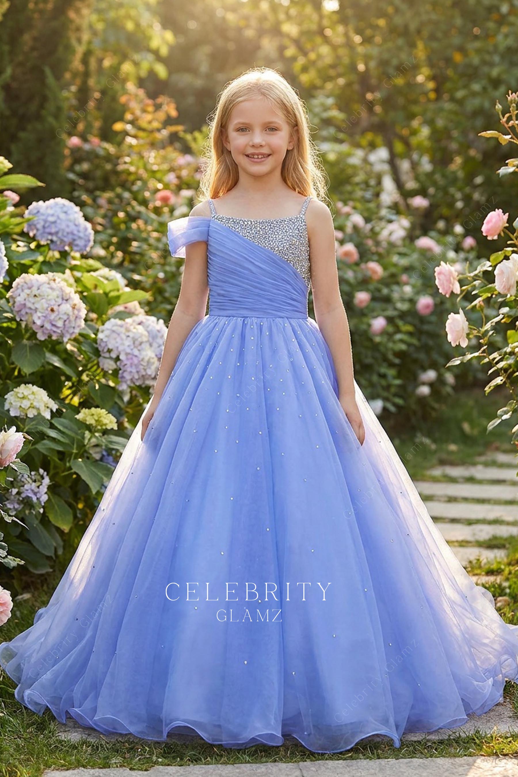 lavender tulle beaded straps pageant dress