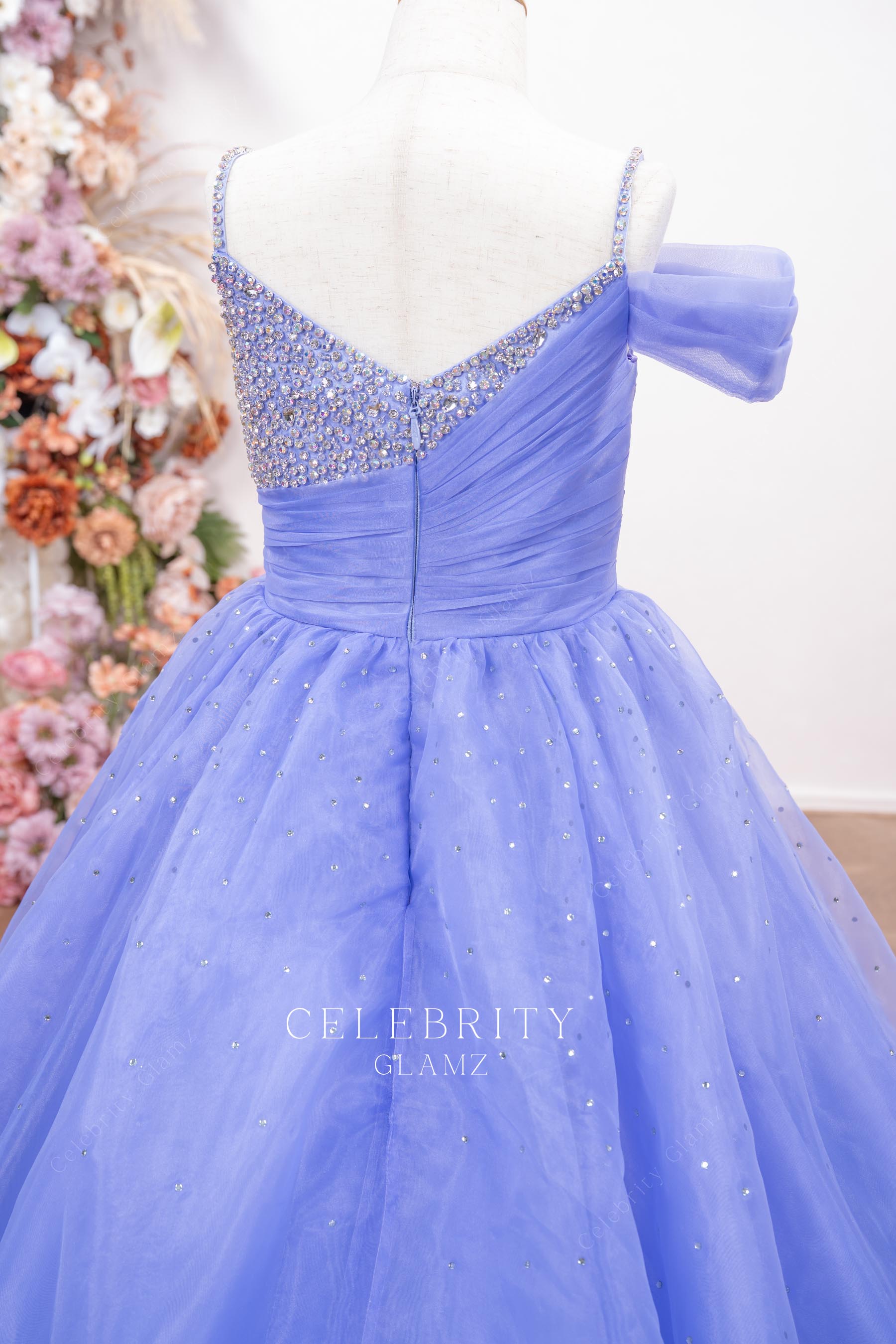 lavender tulle beaded straps v back pageant dress