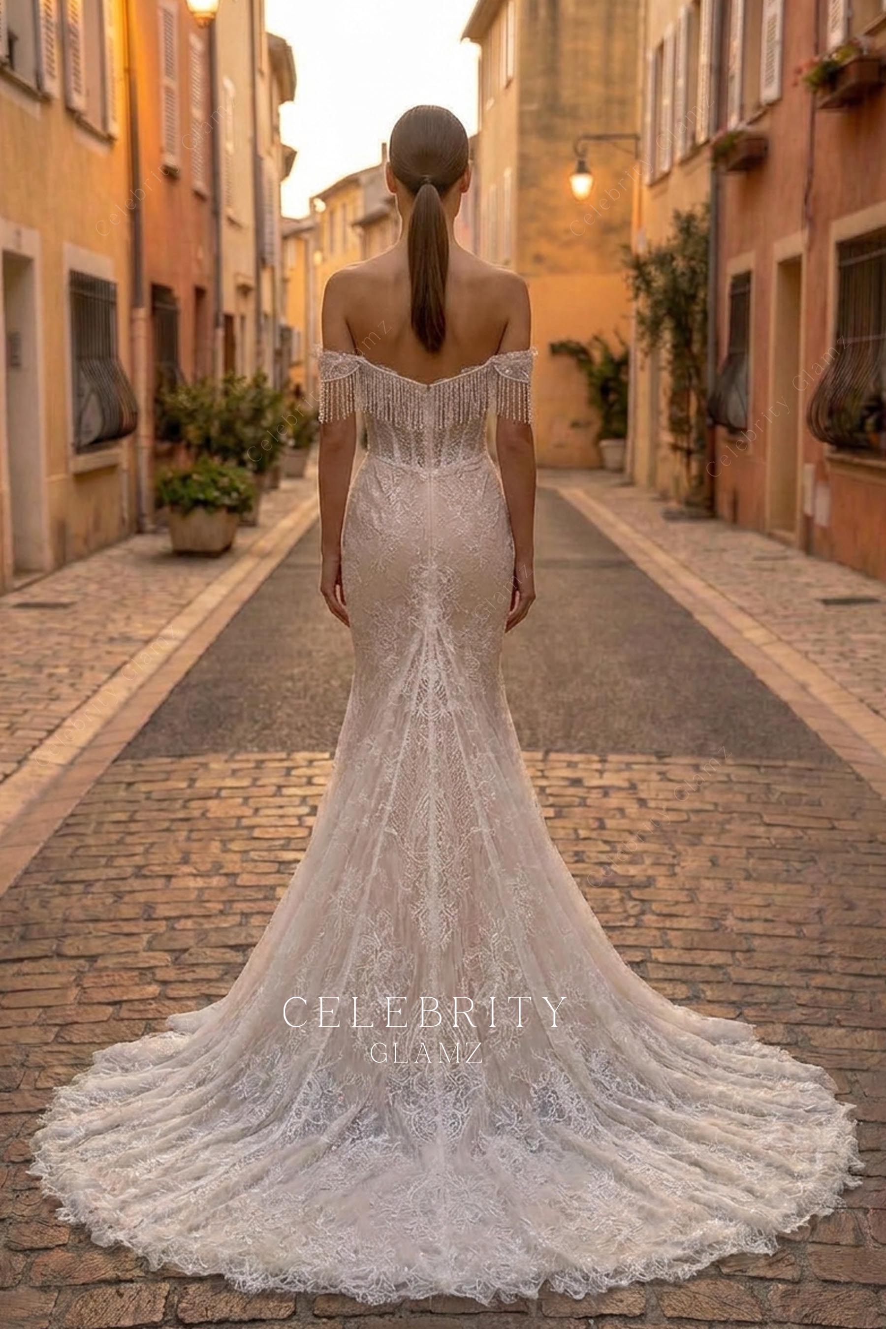 light champagne lace godet train wedding dress