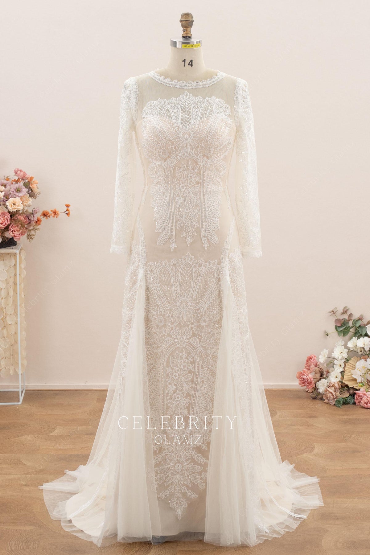 light champagne long sleeves bridal dress