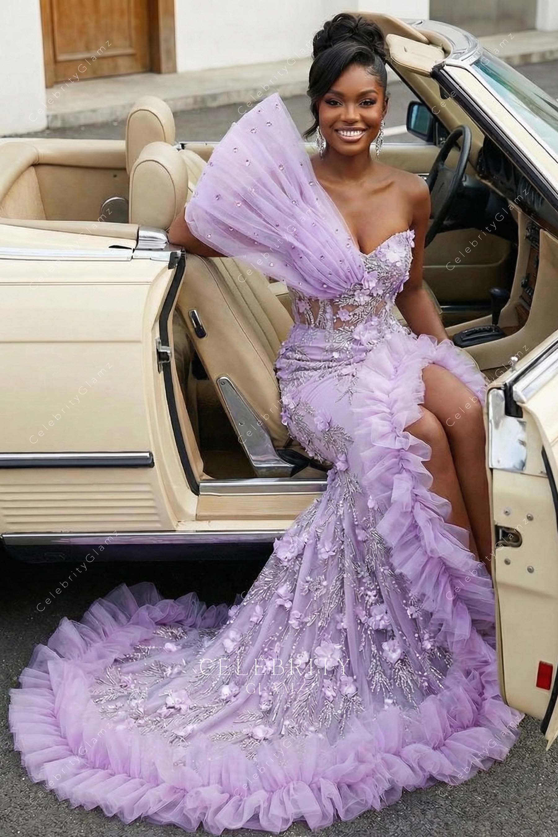 lilac 3d floral split prom dress