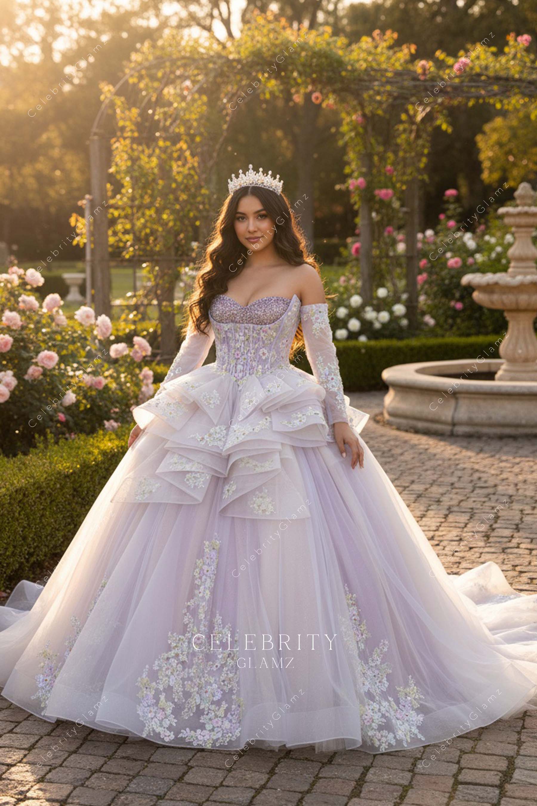 lilac champagne tulle Quinceanera gown
