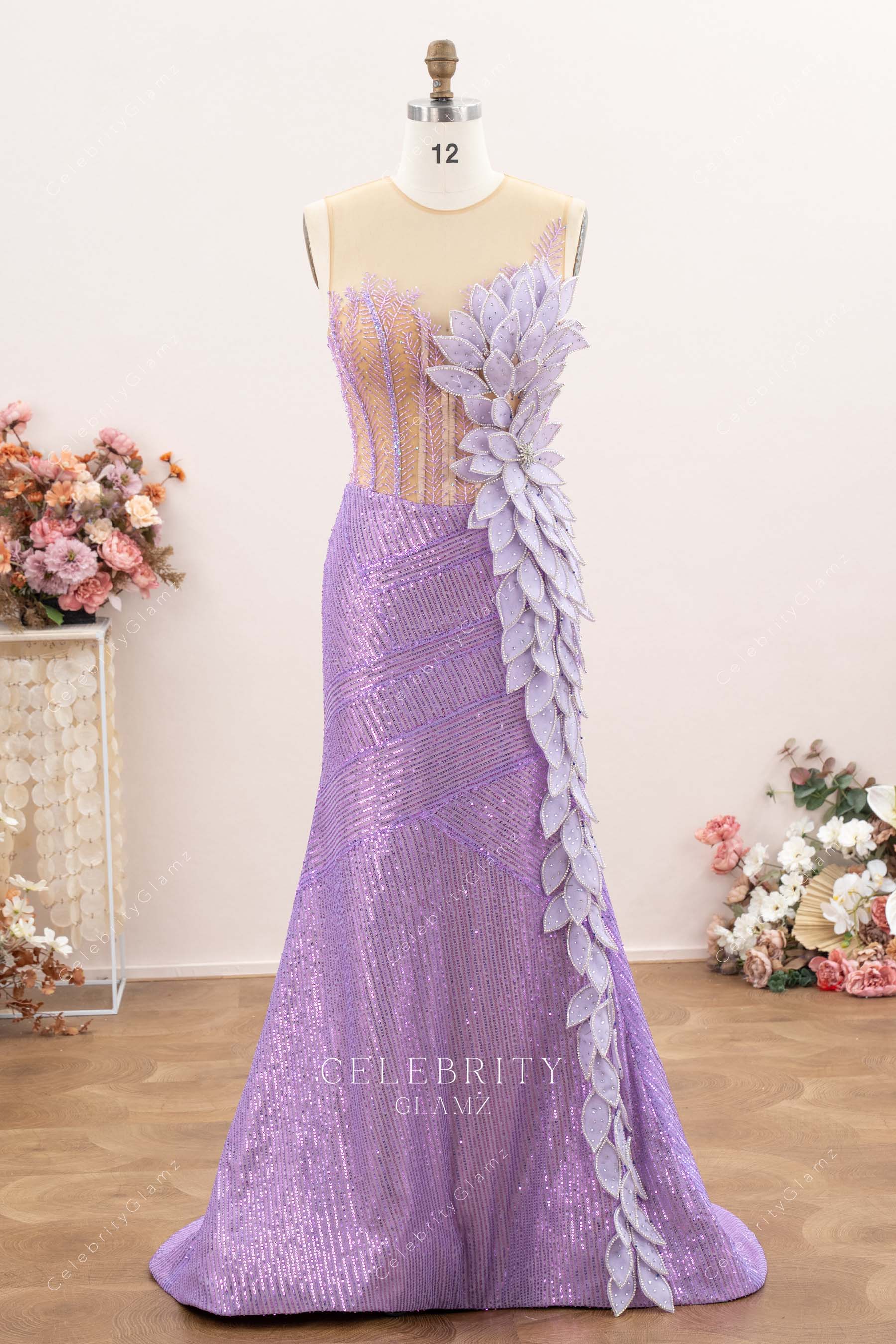 lilac glitter fit flare prom dress