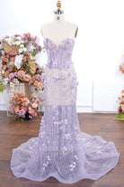 lilac glitter strapless mermaid evening dress