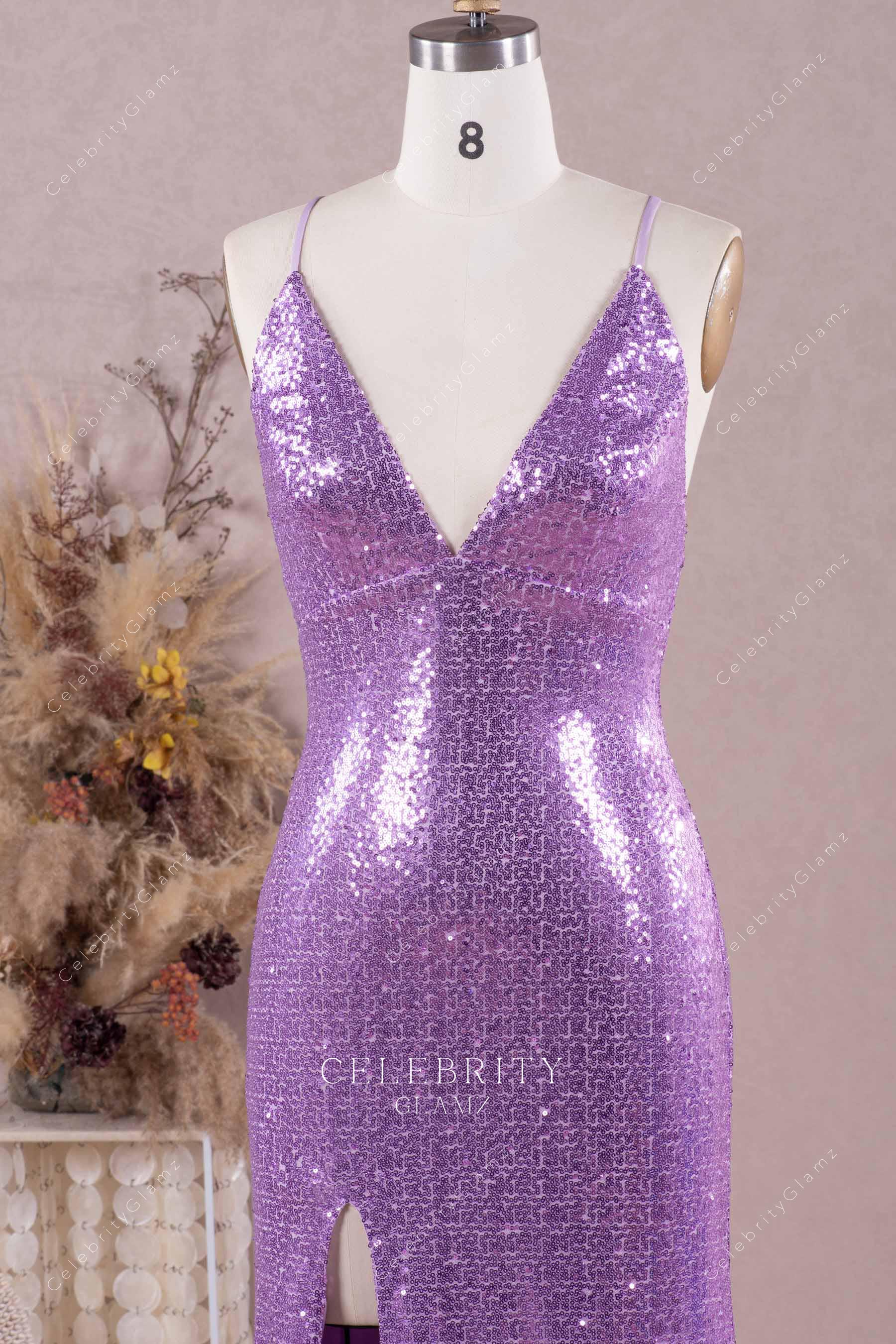 lilac glitter v neck prom dress