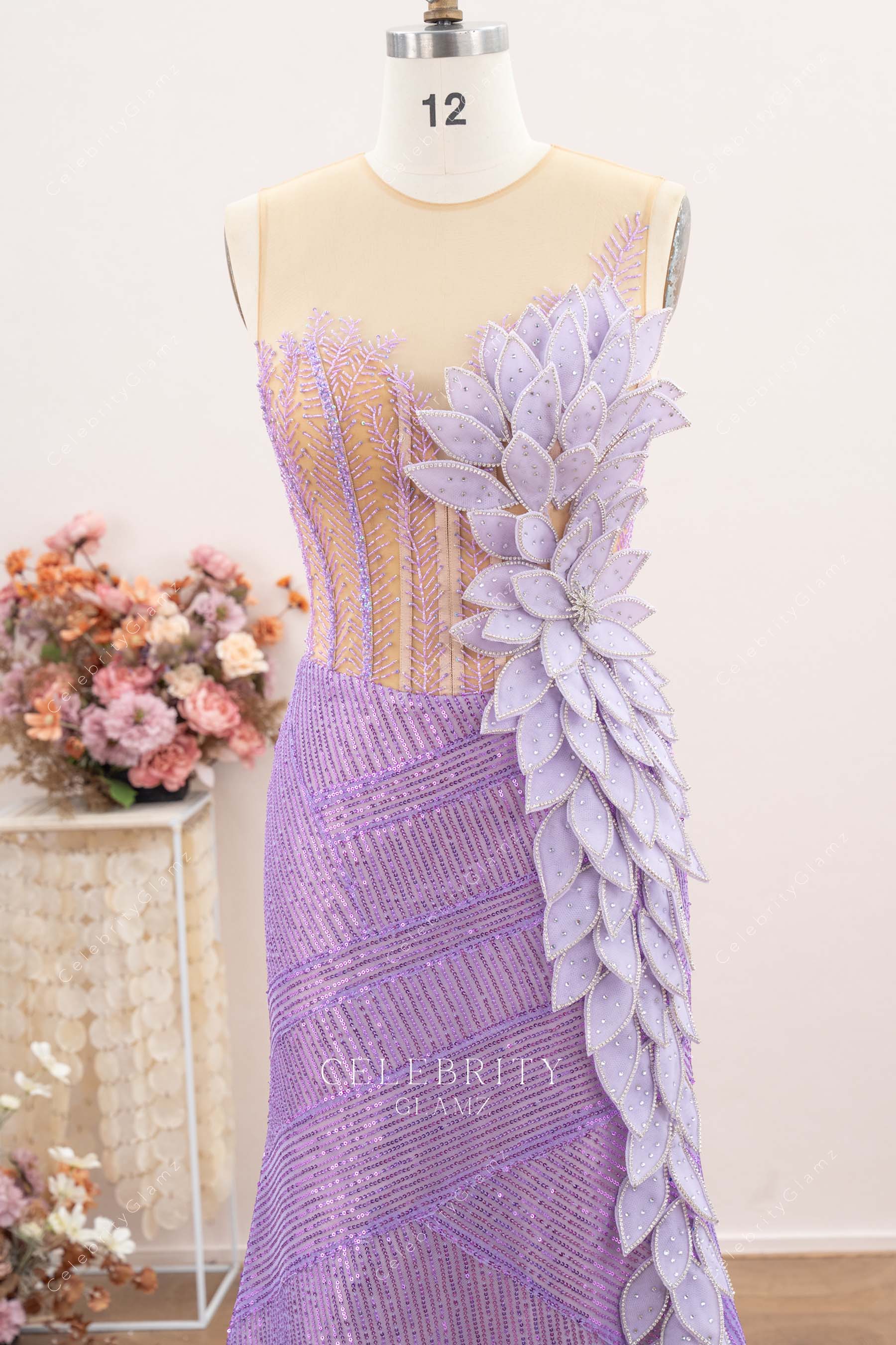 lilac illusion neck prom dress