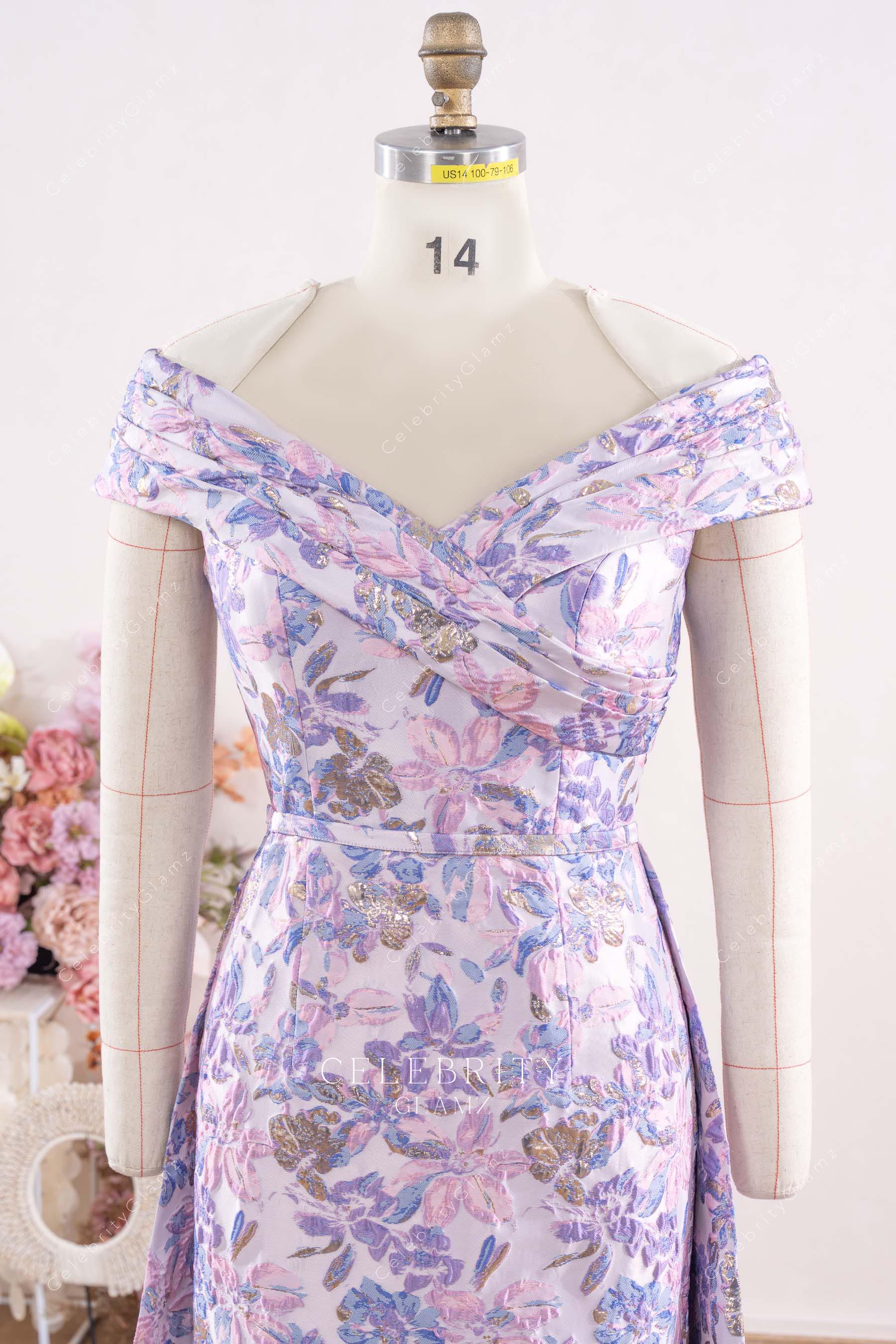lilac jacquard off shoulder mother of bride dress