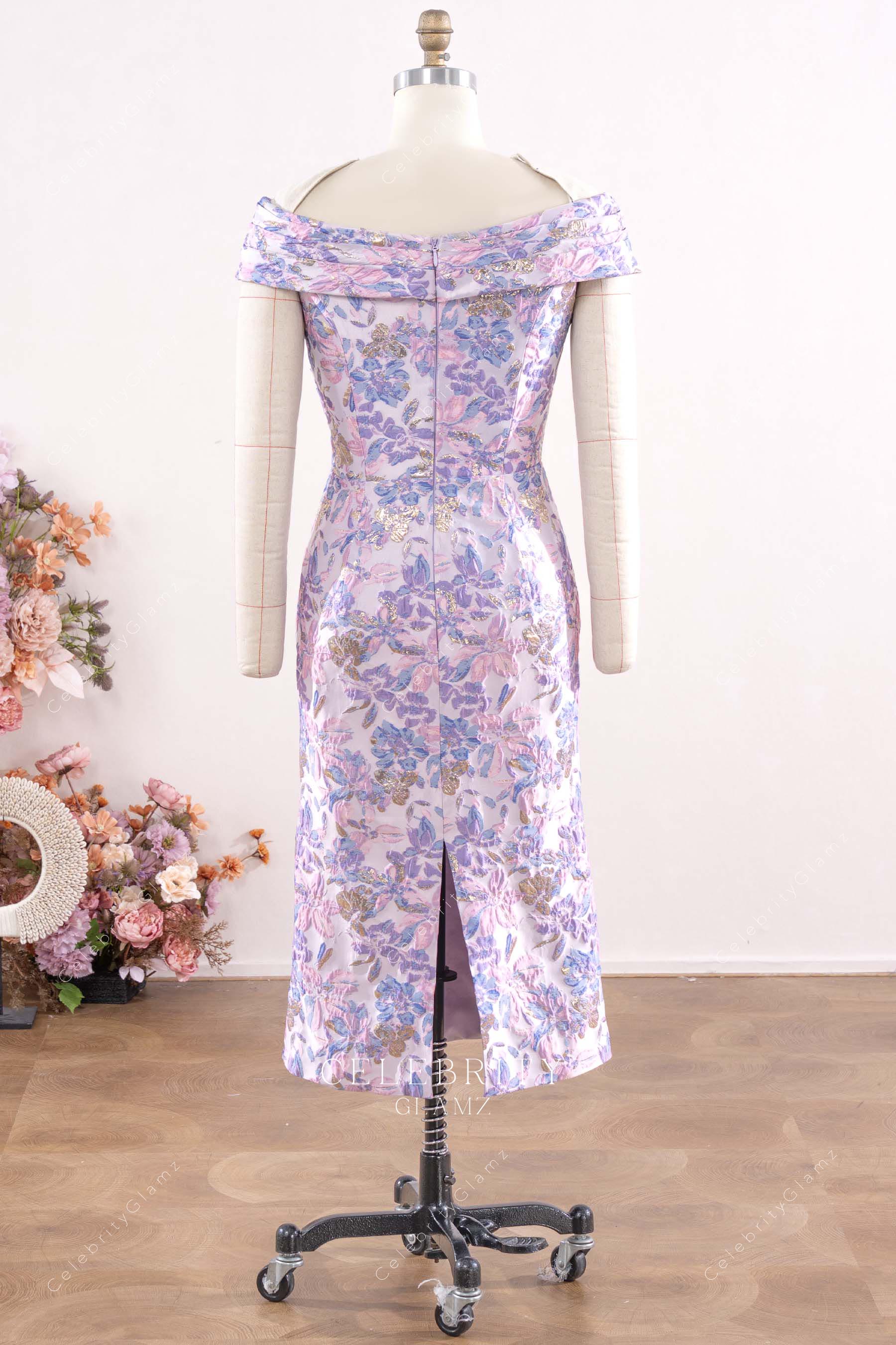 lilac jacquard slit mother of bride dress