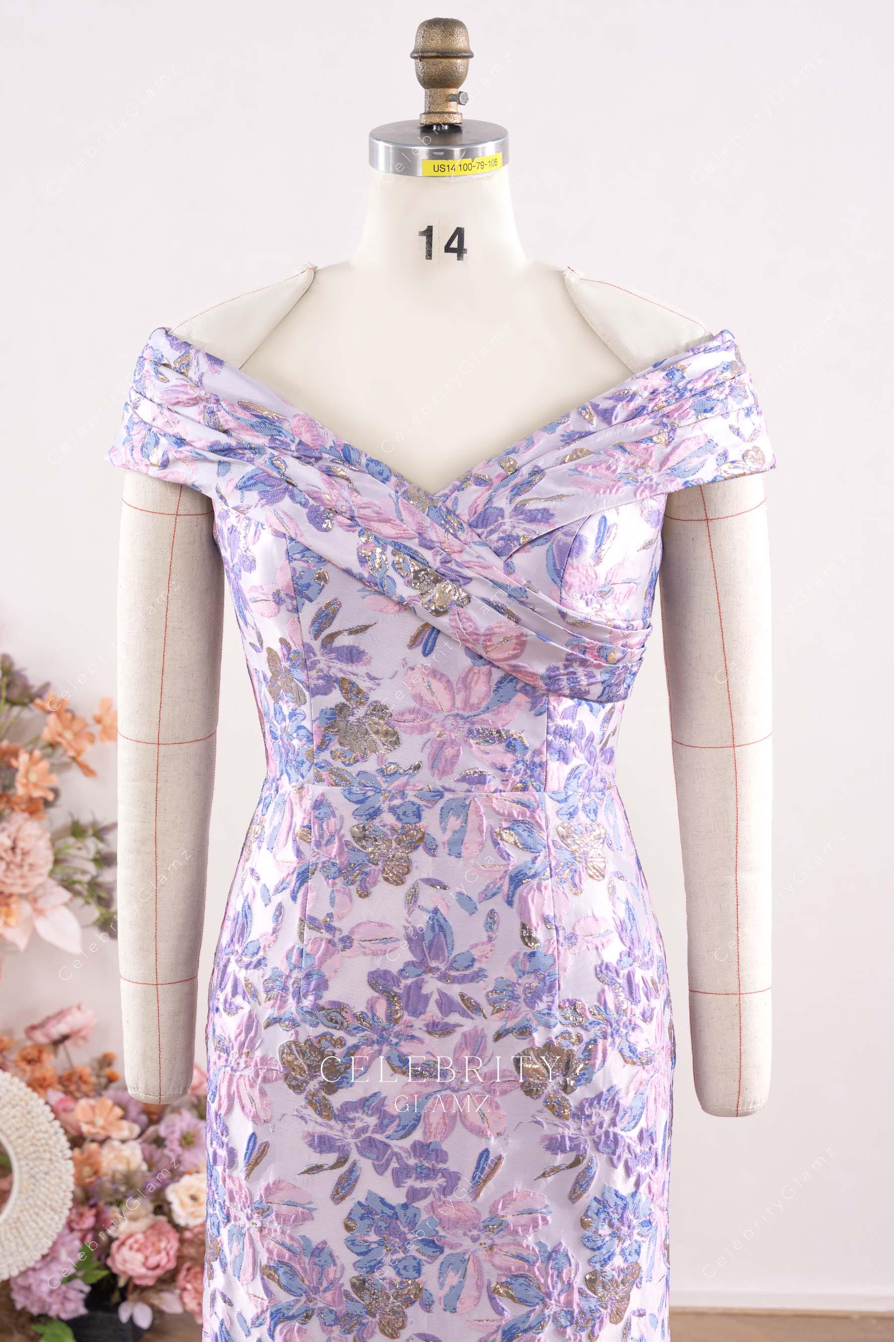lilac jacquard v neck mother of bride dress