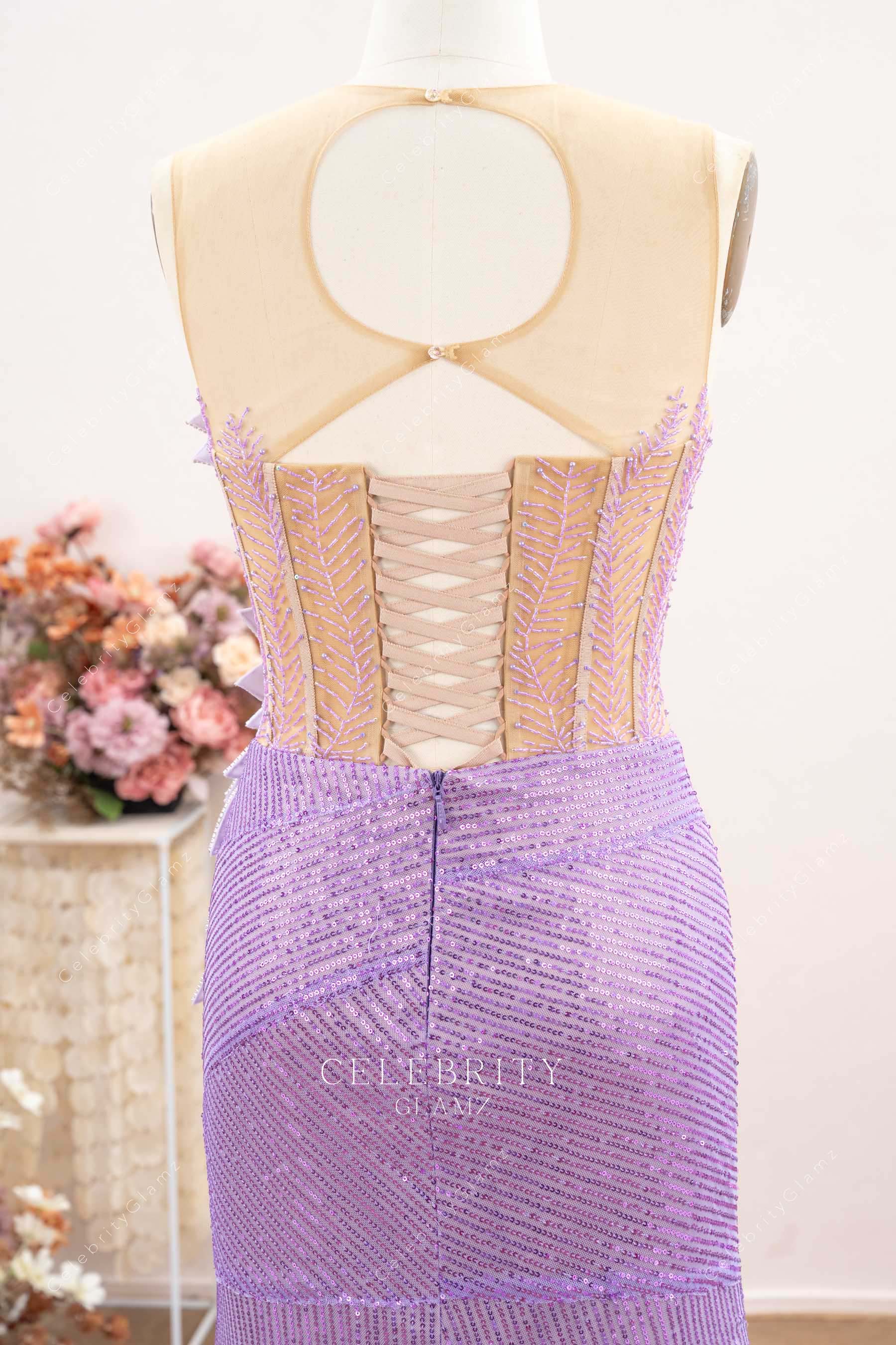 lilac lace up back sequined prom dress