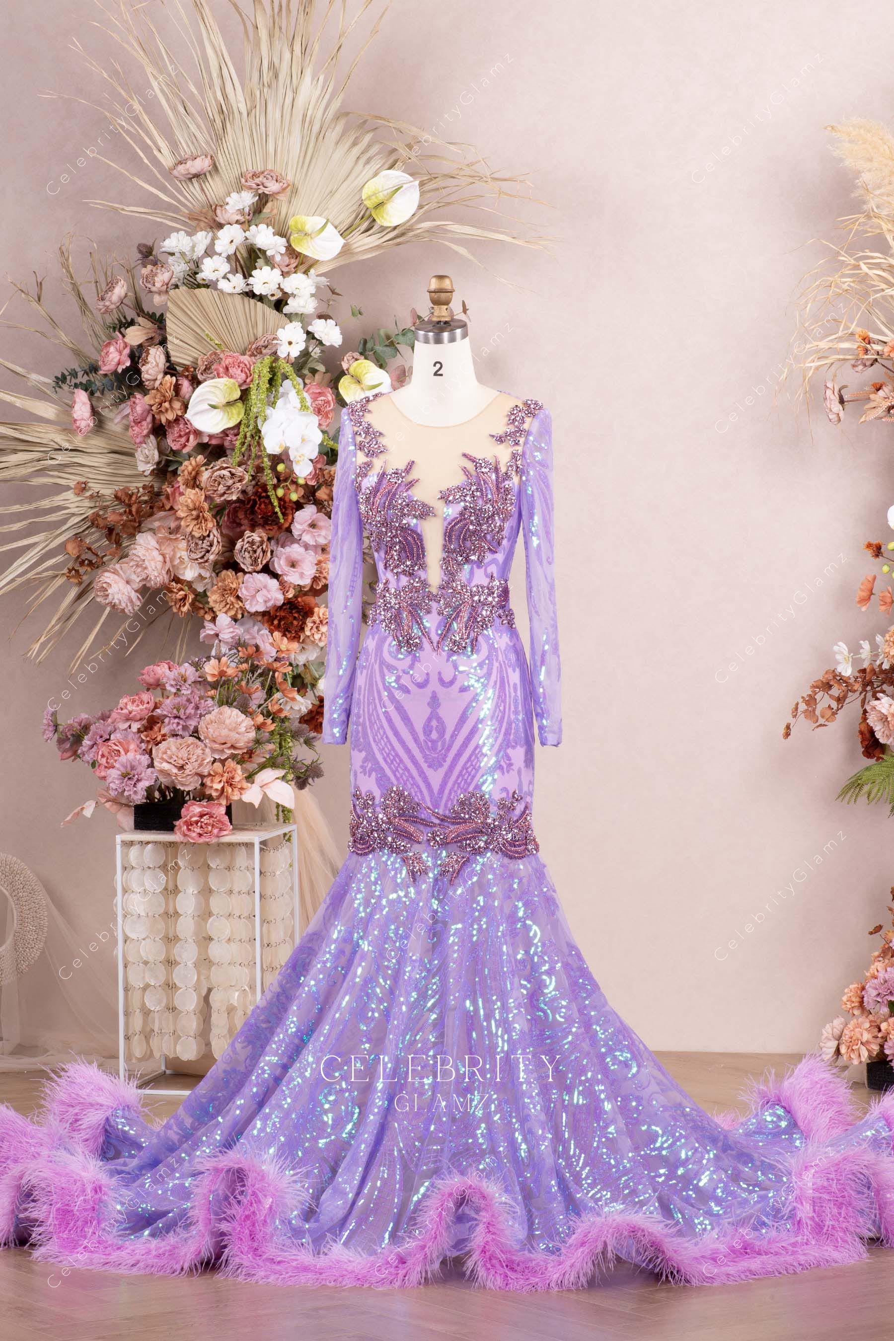 lilac sequin feather trumpet formal dress