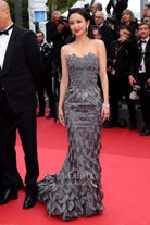 Liya Tong grey sweetheart feather prom dress Cannes film festival red carpet 2024