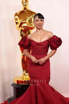 Liza Koshy burgundy v neck prom dress 2024 Oscars