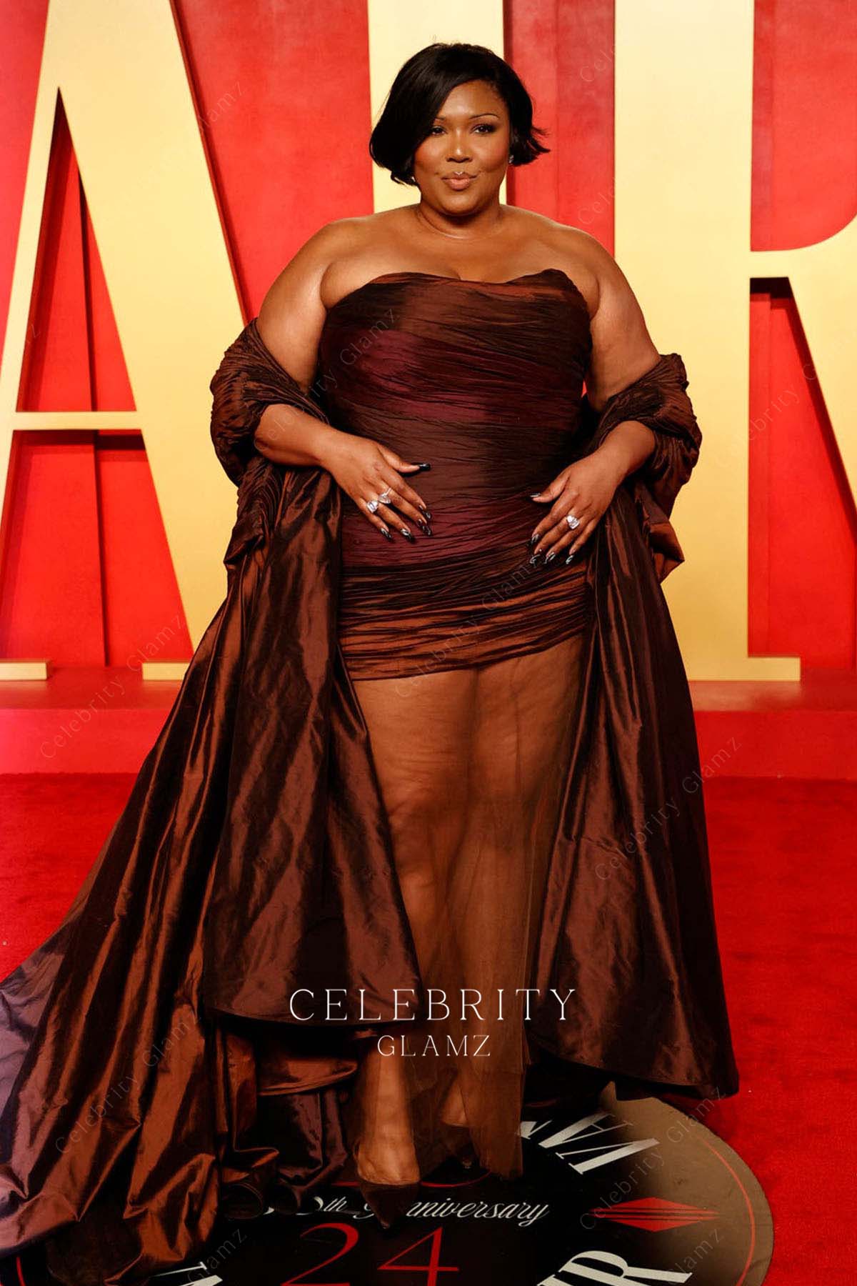 Lizzo cabernet strapless prom dress 2024 Oscars after party