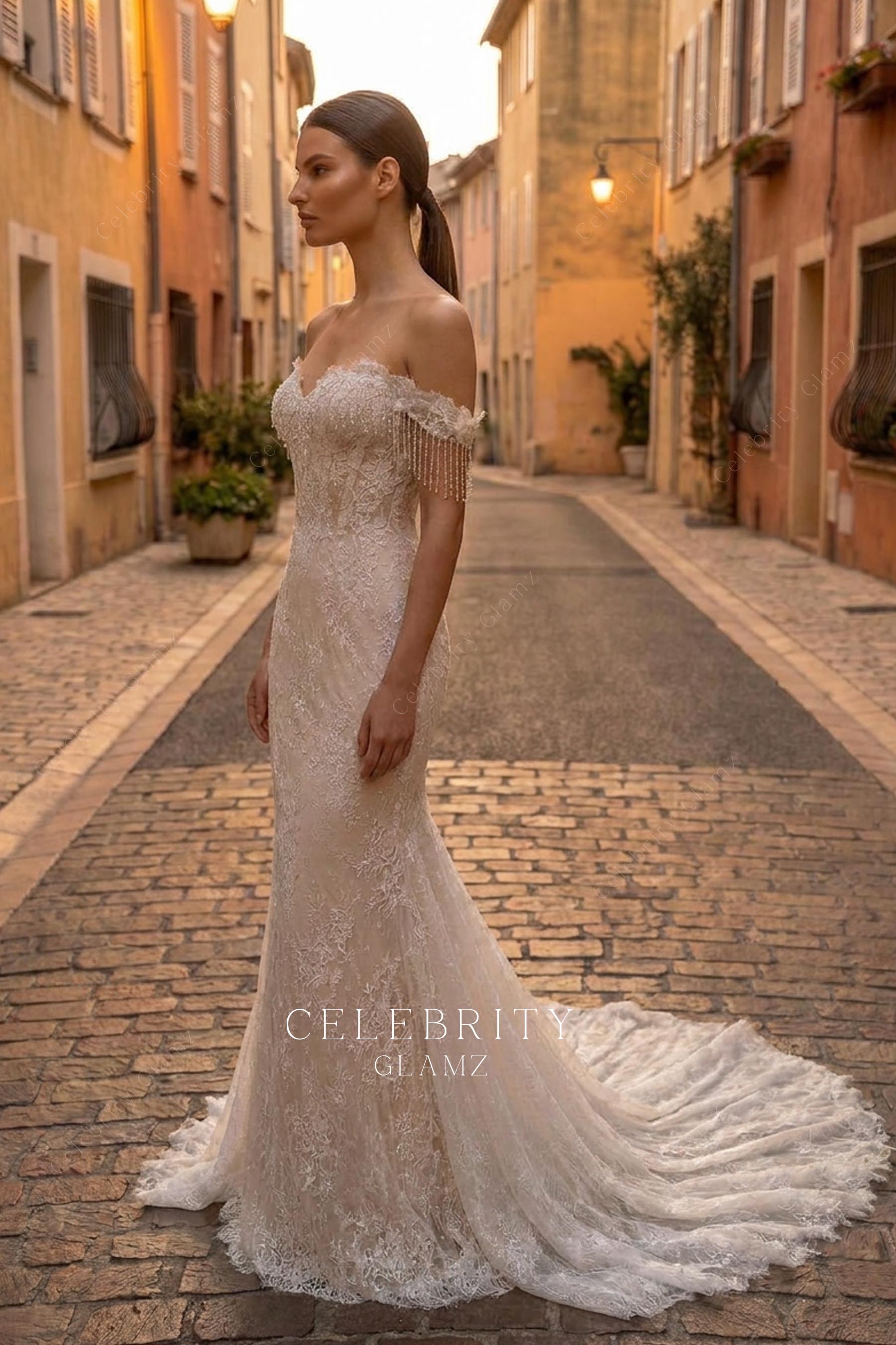 long lace court train wedding dress