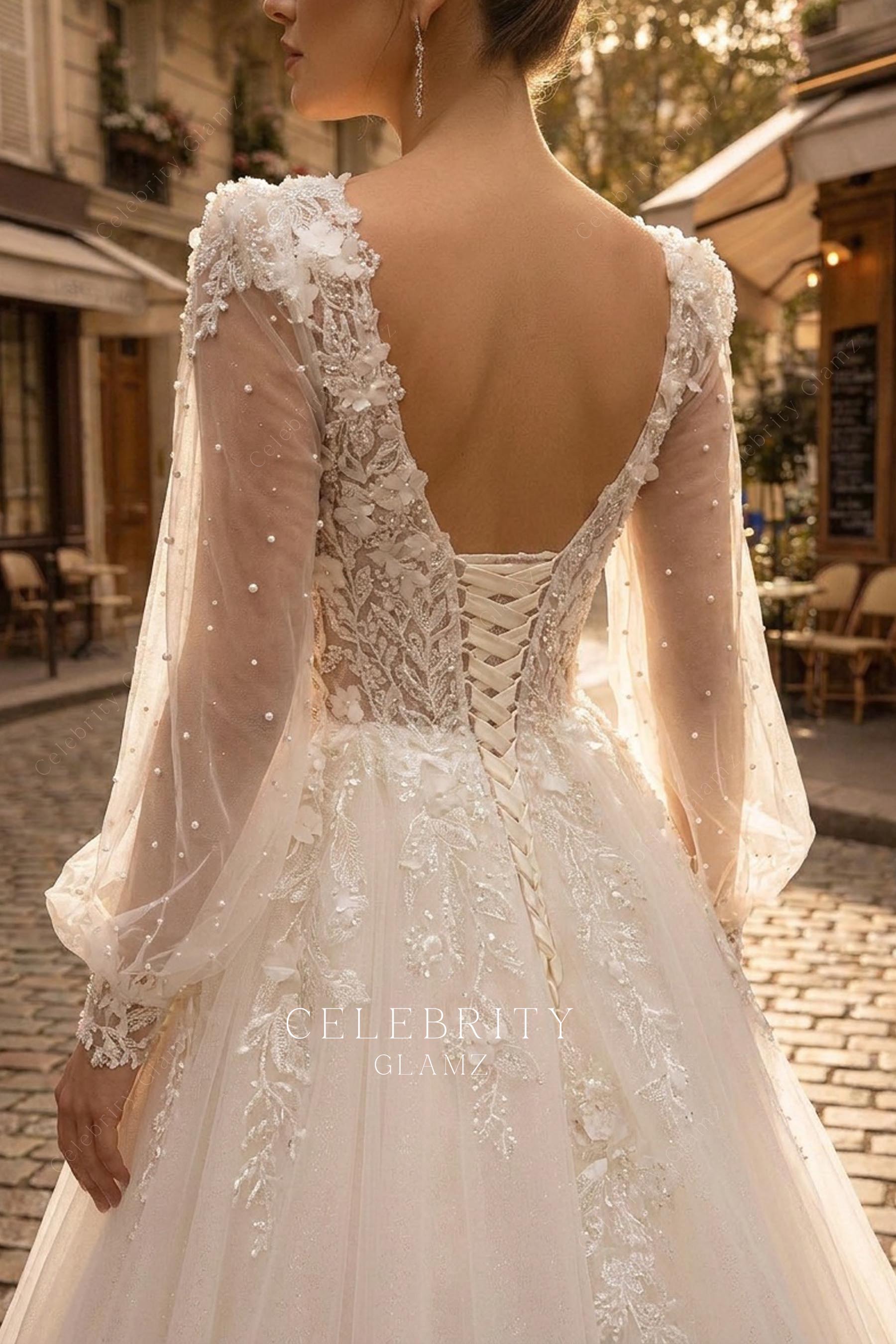 long pearl illusion sleeve wedding dress