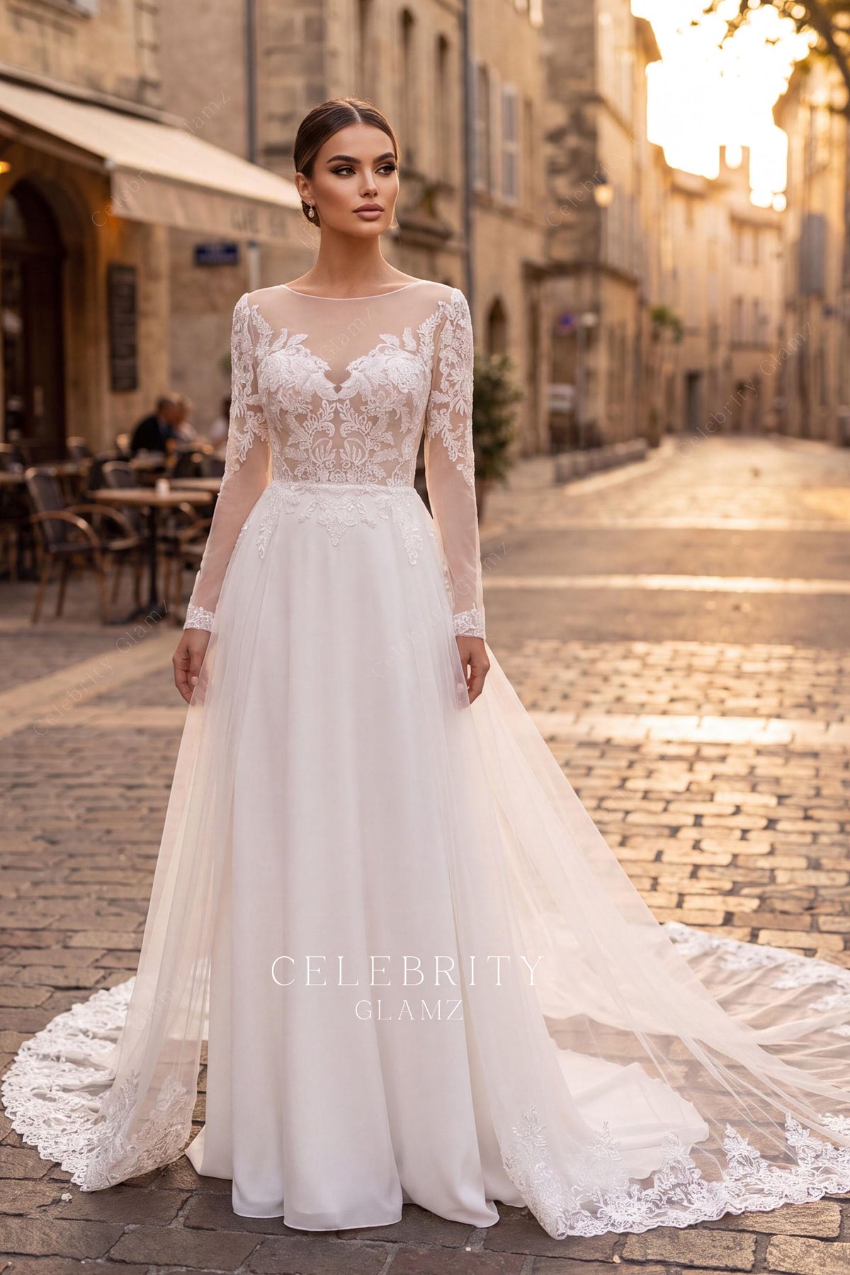 long sleeve illusion bodice a line wedding dress