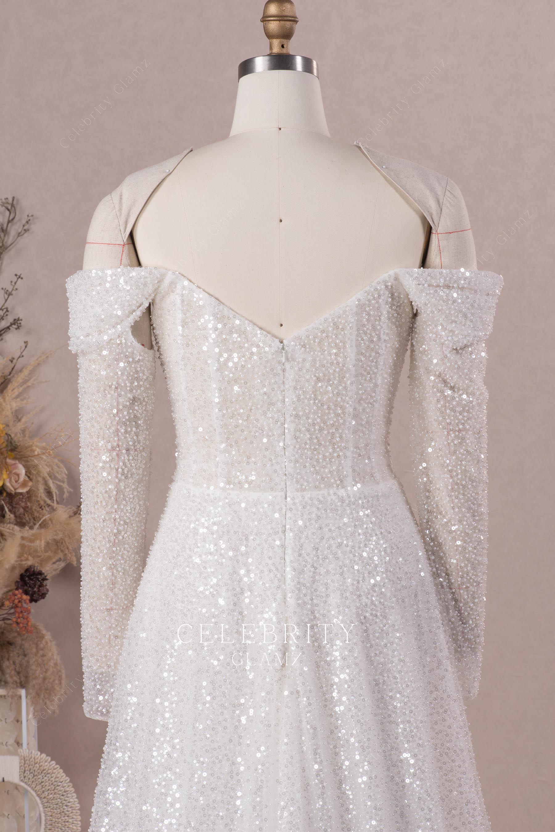long sleeved v back wedding dress