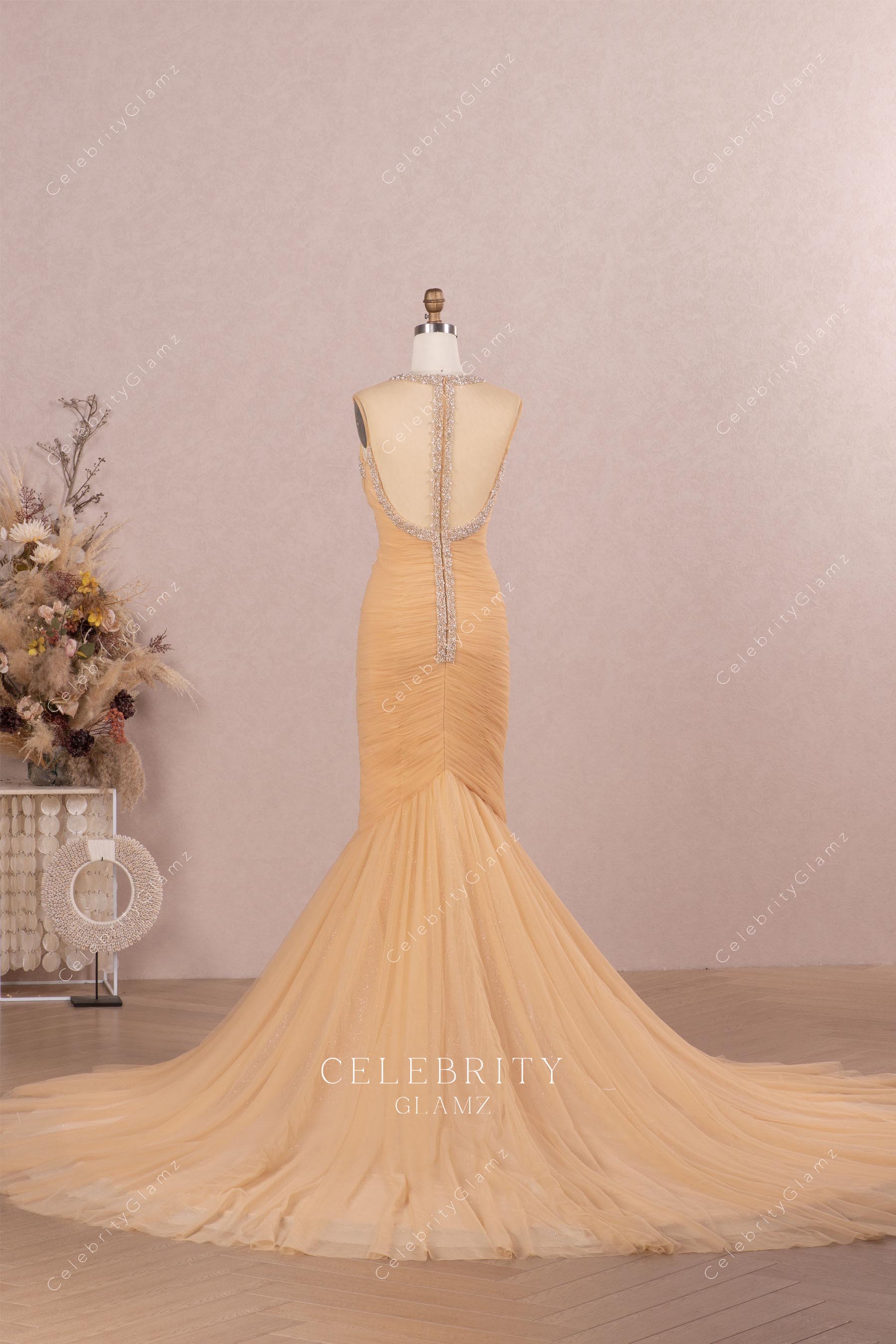 long train illusion back bridal gown