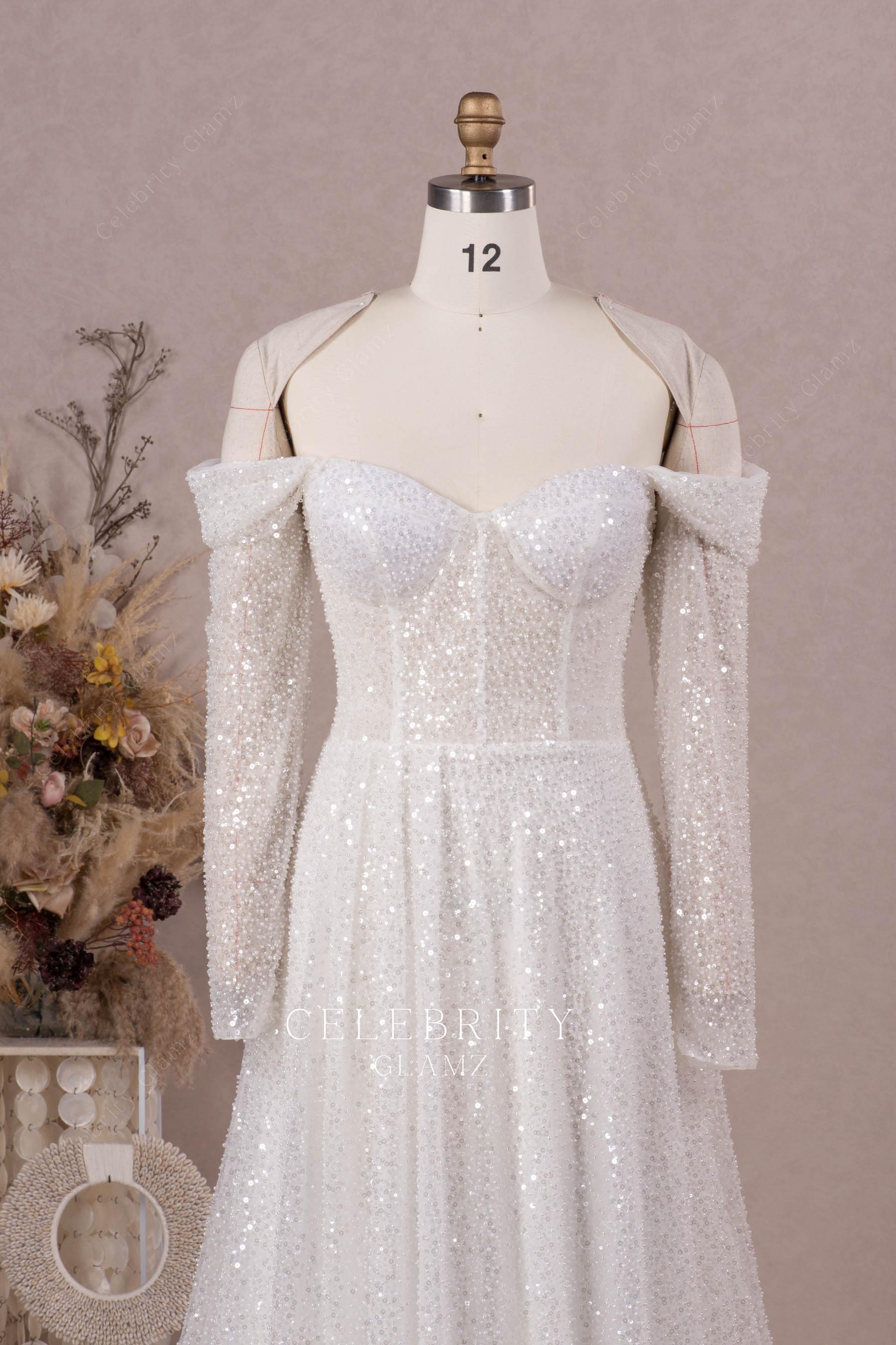 luxury beaded off shoulder wedding dress